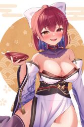 Rule 34 | 1girl, absurdres, black collar, black thighhighs, blush, bow, breasts, choko (cup), cleavage, collar, cup, detached collar, hair bow, heterochromia, high ponytail, highres, holding, holding cup, hololive, houshou marine, houshou marine (new year), japanese clothes, kimono, kumoru (kumoru 145), large breasts, long hair, looking at viewer, official alternate costume, red eyes, red hair, smile, solo, thighhighs, virtual youtuber, white bow, white kimono, yellow eyes