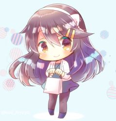 Rule 34 | 1girl, bag, black footwear, blue background, blue dress, blush, bow, brown eyes, brown hair, brown pantyhose, chibi, closed mouth, commentary request, diagonal stripes, dress, full body, hair between eyes, hair bow, hair ornament, hairband, hairclip, haruna (kancolle), holding, holding bag, jacket, kantai collection, kou hiyoyo, long hair, long sleeves, looking at viewer, one-hour drawing challenge, open clothes, open jacket, pantyhose, smile, solo, standing, striped, very long hair, white bow, white hairband, white jacket