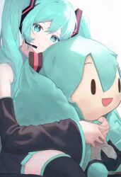 Rule 34 | 1girl, ame miya ta, bare shoulders, black footwear, black skirt, blue eyes, blue hair, blush, boots, character doll, closed mouth, collared shirt, commentary, detached sleeves, doll, grey shirt, hair between eyes, hair ornament, hatsune miku, headphones, highres, hugging doll, hugging object, long hair, long sleeves, looking at viewer, microphone, miniskirt, open mouth, pleated skirt, shirt, simple background, sitting, skirt, smile, solo, thigh boots, twintails, vocaloid, white background, wide sleeves