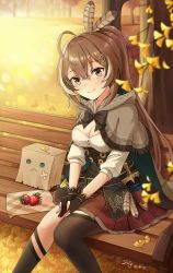 Rule 34 | 1girl, absurdres, antenna hair, asymmetrical legwear, autumn, autumn leaves, bag, bench, berry, black gloves, blush, breasts, brown cape, brown eyes, brown hair, cape, cleavage, corset, feather hair ornament, feathers, fingerless gloves, food, friend (nanashi mumei), fruit, gloves, hair ornament, highres, hololive, hololive english, long hair, looking at viewer, medium breasts, nanashi mumei, napkin, on bench, outdoors, pleated skirt, ponytail, red skirt, sitting, skirt, smile, solo, thighhighs, tree, virtual youtuber, zeng$ (zwj)