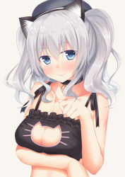 Rule 34 | 10s, 1girl, absurdres, animal ears, bell, blue eyes, breasts, cat ears, cat lingerie, cleavage cutout, clothing cutout, go-1, hat, highres, jingle bell, kantai collection, kashima (kancolle), meme attire, silver hair, smile, solo, twintails, wavy hair