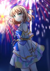 1girl absurdres aerial_fireworks aqua_eyes blue_dress blush breasts closed_mouth clothing_cutout commentary_request cowboy_shot crossed_bangs daime_(hyahhaa10) dress fireworks genyo_yako highres hinoshita_kaho layered_dress link!_like!_love_live! looking_at_viewer looking_back love_live! medium_breasts medium_hair multicolored_clothes multicolored_dress night official_alternate_costume orange_hair purple_dress short_sleeves shoulder_cutout smile solo split_mouth two_side_up virtual_youtuber white_dress