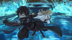 Rule 34 | 1boy, 1girl, asuna (sao), bare shoulders, black coat, black gloves, black hair, black pants, black skirt, blonde hair, blue background, coat, commentary, dated, dual wielding, elbow gloves, fighting stance, fingerless gloves, gloves, highres, holding, holding sword, holding weapon, incoming attack, kirito, long hair, making-of available, pants, pleated skirt, running, sheath, signature, skirt, sleeveless, sword, sword art online, thighhighs, weapon, white gloves, white thighhighs, xiaobanbei milk, yellow eyes