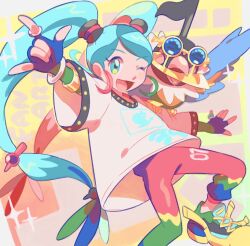 Rule 34 | 1girl, ;d, bird, chatot, commentary request, creatures (company), crossover, eyelashes, fingerless gloves, game freak, gen 4 pokemon, gloves, green eyes, green hair, happy, hatsune miku, highres, jewelry, long hair, low-tied long hair, nintendo, normal miku (project voltage), one eye closed, open mouth, pants, pink pants, pokemon, pokemon (creature), project voltage, ring, shirt, shoes, short sleeves, smile, sunglasses, tongue, torinoko (miiko draw), twintails, vocaloid, white shirt, yellow footwear