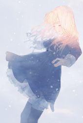 Rule 34 | 1girl, black thighhighs, blue background, blue dress, blurry, blurry background, closed eyes, depth of field, dress, eyes visible through hair, frilled dress, frills, from side, highres, long sleeves, parted lips, snow, snowing, solo, sousou (sousouworks), thighhighs