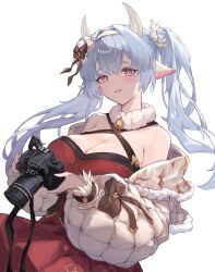 Rule 34 | 1girl, absurdres, animal ears, bell, blue hair, blush, breasts, camera, catura (granblue fantasy), catura (holiday) (granblue fantasy), cleavage, cow ears, cow girl, cow horns, draph, fur collar, granblue fantasy, highres, holding, holding camera, horns, jingle bell, large breasts, long hair, long sleeves, looking at viewer, neck bell, parted lips, pink eyes, puffy long sleeves, puffy sleeves, simple background, solo, twintails, two-tone eyes, upper body, white background, wizast, yellow eyes