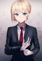 Rule 34 | 1girl, absurdres, adjusting clothes, adjusting gloves, black jacket, blonde hair, blue eyes, braid, collared shirt, formal, gloves, gradient background, grey background, highres, huge filesize, jacket, long sleeves, looking at viewer, necktie, original, parted lips, red necktie, shichi (ratorin53), shirt, short hair, single braid, solo, standing, suit, suit jacket, upper body, white gloves, white shirt, wing collar