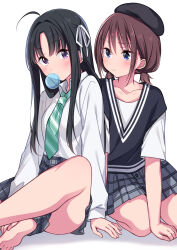 Rule 34 | 2girls, ahoge, awa subaru, barefoot, black hair, black hat, black sweater vest, blowing bubbles, blue eyes, blush, brown hair, chewing gum, closed mouth, collared shirt, commentary, girls band cry, green necktie, grey skirt, hair ribbon, hashtag-only commentary, hat, highres, iseri nina, long hair, long sleeves, looking at another, looking at viewer, multiple girls, necktie, plaid, plaid skirt, pleated skirt, purple eyes, ribbon, shirt, short hair, short twintails, simple background, sitting, sk02, skirt, sweater vest, twintails, white background, white ribbon, white shirt