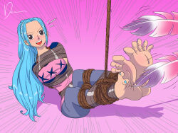 Rule 34 | 1girl, absurdres, arms behind back, barefoot, bdsm, blue hair, blush, bondage, bound, breasts, brown eyes, deaart, feathers, full body, highres, medium breasts, nail polish, nefertari vivi, one piece, pink background, rope, smile, source request, tape, tape bondage, tickling, toenail polish, toenails, variant set
