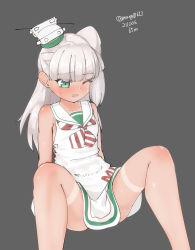 Rule 34 | 1girl, absurdres, anchor hair ornament, anchor necklace, blunt bangs, dated, dress, feet out of frame, green eyes, grey background, hair ornament, hair ribbon, highres, jewelry, kantai collection, long hair, low-cut armhole, maestrale (kancolle), maru (marg0613), necklace, one eye closed, one side up, ribbon, sailor collar, sailor dress, silver hair, simple background, sitting, sleeveless, sleeveless dress, solo, striped neckwear, tan, tanline, twitter username, white dress, white ribbon, white sailor collar