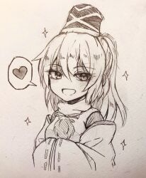 Rule 34 | 1girl, absurdres, blush, commentary request, detached sleeves, greyscale, hat, heart, highres, japanese clothes, kariginu, long hair, long sleeves, looking at viewer, monochrome, mononobe no futo, open mouth, pom pom (clothes), ponytail, ribbon-trimmed sleeves, ribbon trim, smile, solo, sparkle, spoken heart, tate eboshi, touhou, wide sleeves, yonoisan