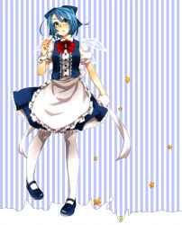 Rule 34 | 1girl, alternate costume, apron, bad id, bad pixiv id, blue eyes, blue hair, bow, cirno, enmaided, gloves, hair bow, maid, maid apron, mary janes, matching hair/eyes, matoi y, pantyhose, shoes, single glove, solo, spoon, star (symbol), striped, striped background, touhou, waist apron, white pantyhose, wrist cuffs