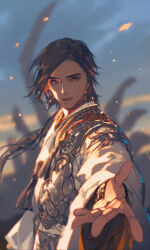 Rule 34 | 1boy, armor, army, black hair, blue sky, blurry, blurry background, breastplate, brown eyes, cloud, cloudy sky, cowboy shot, embers, ibuki satsuki, long hair, long sleeves, looking at viewer, low ponytail, male focus, open mouth, original, outdoors, outstretched arm, reaching, reaching towards viewer, robe, sky, sleeves past wrists, solo, sunset, teeth, thick eyebrows, upper teeth only, very long hair, white robe, white sleeves, wide sleeves