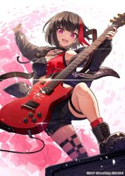 Rule 34 | 1girl, bang dream!, black choker, black footwear, black hair, black shorts, bob cut, breasts, chain necklace, choker, copyright notice, electric guitar, guitar, highres, holding, holding instrument, holding plectrum, instrument, jewelry, kuroi susumu, long sleeves, looking at viewer, medium breasts, medium hair, mitake ran, multicolored hair, music, necklace, off shoulder, official art, open mouth, pink eyes, playing instrument, plectrum, red hair, short shorts, shorts, single thighhigh, streaked hair, thigh strap, thighhighs