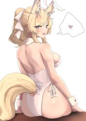 Rule 34 | 1girl, 360 (taiyo360), :d, absurdres, animal ears, arknights, ass, back, bare shoulders, blonde hair, blue eyes, breasts, from behind, heart, highres, horse ears, horse girl, horse tail, large breasts, leotard, long hair, looking at viewer, open mouth, playboy bunny, ponytail, sideboob, sitting, smile, solo, spoken heart, tail, teeth, whislash (arknights), wrist cuffs