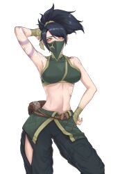 Rule 34 | 1girl, absurdres, akali, arm tattoo, arm up, armpits, belt, black hair, breasts, clothing cutout, collarbone, contrapposto, crop top, eyeliner, green pants, hand on own hip, high ponytail, highres, league of legends, looking at viewer, makeup, mask, medium breasts, midriff, mouth mask, navel, ninja, ninja mask, nokma 00, pants, red eyeliner, red eyes, rope, scroll, shoulder tattoo, simple background, solo, stomach, tattoo, white background