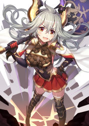 Rule 34 | 10s, 1girl, ahoge, axe, black thighhighs, blush, breasts, draph, elbow gloves, gloves, granblue fantasy, grey hair, hair between eyes, hand on own hip, highres, horns, large breasts, long hair, looking at viewer, open mouth, red eyes, ririko (zhuoyandesailaer), skirt, smile, solo, thighhighs, threo (granblue fantasy), weapon