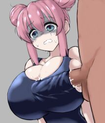 Rule 34 | 1girl, alternate breast size, alternate hairstyle, blue eyes, bocchi the rock!, breasts, cum, cum on body, cum on breasts, cum on upper body, dark-skinned male, dark skin, ejaculation under clothes, gotoh hitori, hair bun, highres, huge breasts, large penis, one-piece swimsuit, penis, pink hair, school swimsuit, shaded face, swimsuit