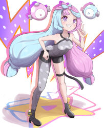 Rule 34 | 1girl, absurdres, bare arms, bike shorts, boots, breasts, commentary request, creatures (company), full body, game freak, green hair, grey footwear, grey pantyhose, grey shirt, grin, hand on own hip, hand up, highres, index finger raised, iono (pokemon), knees, leaning forward, long hair, medium breasts, multicolored hair, nintendo, pantyhose, pokemon, pokemon sv, purple eyes, purple hair, rono (lethys), shirt, single leg pantyhose, sleeveless, sleeveless shirt, smile, solo, teeth, thigh strap, twintails, two-tone hair