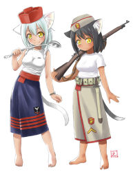 Rule 34 | 2girls, animal ear fluff, animal ears, arm at side, barefoot, belt, belt pouch, beret, black hair, blue hair, blue skirt, blush, breasts, cat ears, cat tail, closed mouth, covered erect nipples, ebifly, fang, fang out, feet, grey skirt, gun, gun sling, hat, highres, holding, holding gun, holding weapon, holster, knife, ladle, medium breasts, military, military uniform, multiple girls, original, over shoulder, pouch, rifle, shirt, short hair, signature, simple background, skirt, slit pupils, smile, standing, tail, toes, uniform, watch, weapon, weapon over shoulder, white background, white shirt, wristwatch, yellow eyes