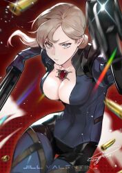 Rule 34 | 1girl, blonde hair, blue bodysuit, blue eyes, bodysuit, breasts, casing ejection, character name, chest jewel, cleavage, dual wielding, firing, highres, holding, jill valentine, large breasts, motion blur, muzzle flash, naijarski, ponytail, resident evil, resident evil 5, shell casing, solo