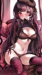 Rule 34 | 1girl, absurdres, animal print, black bra, black hair, black hat, black panties, blunt bangs, blush, bow, bra, breasts, earrings, female pubic hair, hat, hat bow, hat ribbon, heart, heart-shaped pillow, heart earrings, highres, idolmaster, idolmaster shiny colors, indoors, jewelry, leopard print, lifting own clothes, long hair, long sleeves, looking at viewer, mayuzumi fuyuko, medium breasts, mouth hold, navel, panties, pillow, polka dot, polka dot legwear, pubic hair, red ribbon, ribbon, sak (lemondisk), see-through, sitting, skirt, skirt around one leg, solo, steaming body, sweat, thighhighs, thighs, underwear