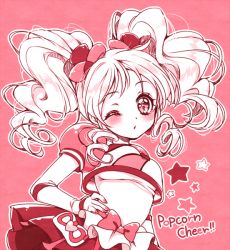 Rule 34 | 10s, 1girl, bow, cure honey, cure honey (popcorn cheer), hand on own hip, happinesscharge precure!, looking at viewer, magical girl, monochrome, one eye closed, oomori yuuko, precure, red background, red theme, sidelocks, skirt, solo, star (symbol), twintails, uzuki aki, waist bow, wrist cuffs