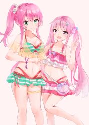 2girls :d absurdres aikawa_megumi bare_arms bare_shoulders barefoot bikini closed_mouth clothing_cutout commentary_request green_eyes hair_ornament hairclip hand_up heaven_burns_red highres kunimi_tama multiple_girls open_mouth pink_background pink_bikini pink_hair purple_eyes see-through_clothes short_sleeves shoulder_cutout side_ponytail simple_background smile standing standing_on_one_leg star_(symbol) star_hair_ornament striped_bikini striped_clothes swimsuit twintails v yukaa