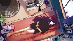 Rule 34 | 1girl, animated, barefoot, computer, couch, electric fan, from above, laptop, ligton1225, long hair, lying, original, purple hair, sleeping, solo, stretching, tagme, video