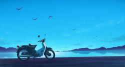 Rule 34 | bird, blue sky, cloud, day, gensuke (ryun), lake, motor vehicle, motorcycle, mountainous horizon, no humans, original, outdoors, reflection, scenery, shore, sky, still life, water