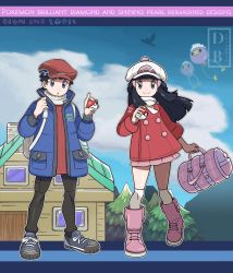Rule 34 | 1boy, 1girl, :o, backpack, bag, black hair, boots, closed mouth, coat, commentary, copyright name, creatures (company), dawn (pokemon), dreambig, drifloon, duffel bag, eyelashes, floating hair, full body, game freak, gen 4 pokemon, grey eyes, hair ornament, hairclip, hand up, hands up, hat, highres, holding, holding poke ball, holding strap, long hair, lucas (pokemon), nintendo, open clothes, open coat, outline, over-kneehighs, pants, pink bag, pink footwear, poke ball, poke ball (basic), pokemon, pokemon (creature), pokemon bdsp, pokemon dppt, pokemon platinum, red coat, red headwear, red sweater, scarf, shoes, short hair, sidelocks, smile, sneakers, standing, sweater, thighhighs, watermark, white bag, white headwear, white scarf, white thighhighs