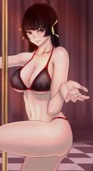 Rule 34 | 1girl, akira (yuibnm71), beckoning, bikini, black bikini, black eyes, black hair, breasts, cleavage, closed mouth, collarbone, dead or alive, dead or alive 5, dead or alive xtreme 3 fortune, dead or alive xtreme beach volleyball, from side, hair ornament, highres, hime cut, large breasts, long hair, looking to the side, mole, mole under mouth, navel, nyotengu, pole, pole dancing, smile, solo, stomach, stripper pole, swimsuit, underboob