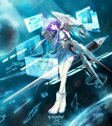 Rule 34 | 1girl, absurdres, bad id, bad pixiv id, boots, highres, open mouth, pixiv, pixiv-tan, planet, purple eyes, purple hair, short hair, solo, space, star (symbol), stu dts, wings
