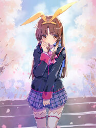 Rule 34 | 1boy, akayama yukihe, between legs, black jacket, blush, bow, brown eyes, brown hair, cherry blossoms, commentary, covering crotch, covering own mouth, covering privates, cowboy shot, eyes visible through hair, falling petals, grey skirt, hair between eyes, hair ribbon, hand between legs, highres, jacket, little busters!, long hair, long sleeves, looking at viewer, miniskirt, naoe riki, outdoors, petals, pink bow, plaid, plaid skirt, playing with own hair, pleated skirt, red ribbon, ribbon, ribbon-trimmed thighhighs, ribbon trim, school uniform, shy, skirt, solo, stairs, standing, straight hair, thighhighs, trap, white thighhighs, yellow ribbon, zettai ryouiki