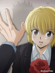 Rule 34 | 2boys, :o, against wall, black jacket, blonde hair, blush, collared shirt, fingernails, flower, frown, hair between eyes, hand on wall, highres, holding, holding flower, hunter x hunter, jacket, kurapika, leopikapun, leorio paladiknight, long sleeves, male focus, multiple boys, open mouth, pov, red flower, red rose, rose, shirt, short hair, solo focus, teeth, twitter username, upper teeth only, v-shaped eyebrows, white shirt, yaoi