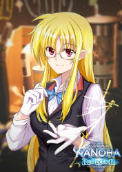 Rule 34 | 1girl, absurdres, bespectacled, blonde hair, blue bow, blue bowtie, bow, bowtie, changpan hutao, chinese commentary, commentary request, copyright name, dress shirt, fate testarossa, glasses, gloves, highres, long hair, lyrical nanoha, mahou shoujo lyrical nanoha reflection, outstretched hand, red eyes, shirt, smile, solo, upper body, vest, white gloves, white shirt