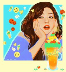 Rule 34 | 1girl, anajuise, artist name, blue background, border, brown hair, hands on own face, heart, jewelry, k-pop, long hair, looking to the side, open mouth, purple shirt, real life, red lips, red velvet (group), ring, seulgi (red velvet), shirt, solo, teeth, upper body, upper teeth only, yellow border