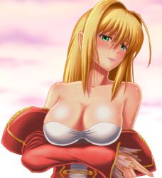 Rule 34 | 10s, 1girl, :p, ahoge, bare shoulders, blonde hair, breast hold, breasts, bridal gauntlets, cleavage, fate/extra, fate (series), green eyes, large breasts, long hair, md5 mismatch, nero claudius (fate), nero claudius (fate), nero claudius (fate/extra), off shoulder, resolution mismatch, solo, soranitoriga, tongue, tongue out