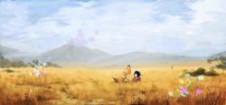 Rule 34 | 10s, 2girls, all fours, animal ears, black hair, blonde hair, blue sky, day, hat, highres, kaatoso, kaban (kemono friends), kemono friends, landscape, looking at another, lying, mountain, multiple girls, on back, sandstar, savannah, scenery, serval (kemono friends), serval print, serval tail, short hair, sky, tail