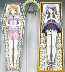 Rule 34 | 2girls, absurdres, blonde hair, charlotte dunois, coffin, corpse, eyepatch, closed eyes, feet, flower, funeral, highres, huge filesize, infinite stratos, laura bodewig, lazy tiger, long hair, multiple girls, pale skin, ponytail, ribbon, silver hair