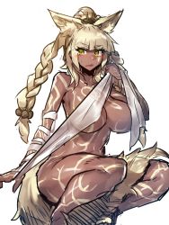 Rule 34 | 1girl, animal ears, blonde hair, blush, braid, breasts, cleavage, dark skin, dark-skinned female, full-body tattoo, green eyes, highres, large breasts, long hair, looking at viewer, melon22, naked towel, nude, open mouth, original, parted lips, simple background, solo, squatting, sweatdrop, tattoo, towel, twin braids, white background