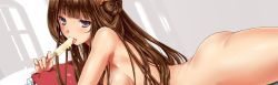 Rule 34 | 10s, 1girl, ass, blue eyes, blunt bangs, breasts, brown hair, double bun, food, from side, hair bun, hairband, kantai collection, kongou (kancolle), licking, long hair, looking at viewer, lying, nude, on stomach, popsicle, simple background, solo, uguisu kagura