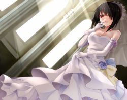 Rule 34 | 10s, 1girl, bare shoulders, blush, breasts, cleavage, date a live, dress, elbow gloves, gloves, hair over one eye, looking at viewer, qiuzhi huiyi, red eyes, smile, solo, tokisaki kurumi, wedding dress, white gloves