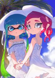 Rule 34 | 2girls, amatya, blue eyes, blue hair, blue sky, commentary, dress, green hair, grey eyes, hat, highres, holding hands, inkling, inkling girl, inkling player character, long hair, looking at viewer, multicolored hair, multiple girls, nintendo, octoling, octoling girl, octoling player character, open mouth, palm tree, pink hair, pointy ears, shade, sky, smile, splatoon (series), splatoon 2, sun hat, sundress, symbol-only commentary, tentacle hair, tree, two-tone hair, white dress