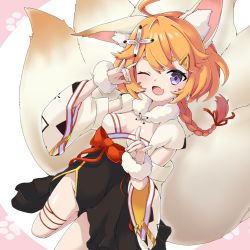 Rule 34 | 1girl, ahoge, animal ears, braid, breasts, double fox shadow puppet, eight-tailed fox nari, fox ears, fox girl, fox shadow puppet, fox tail, guardian tales, hair ornament, hairclip, highres, korean clothes, multiple girls, one eye closed, open mouth, orange hair, purple eyes, schnee tan, simple background, small breasts, solo, tail