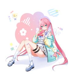 Rule 34 | 1girl, bare shoulders, belt, blue eyes, box, closed mouth, closers, dress, gift, gift box, green jacket, hands up, highres, holding, jacket, knees up, long hair, long sleeves, looking at viewer, non-web source, off shoulder, official art, open clothes, open jacket, pink hair, sandals, seulbi lee, short dress, sitting, sleeveless, sleeveless dress, smile, socks, solo, thigh strap, thighs, twintails, very long hair, white dress, white socks