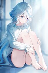 Rule 34 | 1girl, ahoge, alternate costume, bare legs, barefoot, blue eyes, blue hair, blue nails, blue shorts, blush, collar, collarbone, commentary, crying, crying with eyes open, frilled collar, frills, furina (genshin impact), genshin impact, highres, hugging own legs, indoors, light blue hair, long hair, long sleeves, looking down, nasii, sad, shirt, short hair, shorts, solo, sunlight, tears, very long hair, white shirt