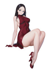 Rule 34 | 1girl, arm support, bare shoulders, black hair, blue eyes, blush, bobobong, breasts, commentary, covered collarbone, covered navel, dress, full body, gloves, high heels, highres, lips, long hair, looking at viewer, medium breasts, original, parted bangs, parted lips, red dress, shiny skin, short dress, simple background, sitting, sleeveless, solo, thighs, turtleneck, white background
