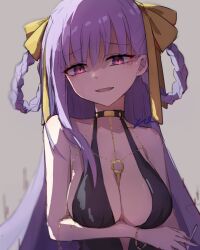 1girl arm_under_breasts bb_dubai_(fate) braid braided_hair_rings breasts chinese_commentary cleavage commentary_request fate/grand_order fate_(series) frown glowing glowing_eyes grey_background hair_rings highres large_breasts long_hair looking_at_viewer open_mouth pink_eyes purple_eyes shaded_face solo straight_hair upper_body yuquan1919