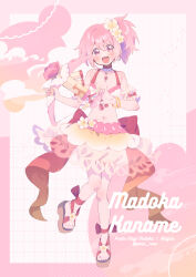Rule 34 | 1girl, ankle ribbon, back bow, blush, border, bow, bow (weapon), bracelet, breasts, character name, choker, cloud background, collarbone, copyright name, dot nose, fingernails, flower, footwear flower, frilled choker, frilled sleeves, frills, full body, grid background, hair between eyes, happy, head tilt, highres, holding, holding bow (weapon), holding water gun, holding weapon, jewelry, kaname madoka, kaname madoka (swimsuit ver.), knee blush, knees together feet apart, leg ribbon, looking at viewer, magia record: mahou shoujo madoka magica gaiden, mahou shoujo madoka magica, mahou shoujo madoka magica (anime), navel, official alternate costume, official alternate hairstyle, open mouth, paru rari, pink border, pink eyes, pink hair, pink nails, pink theme, platform footwear, plumeria, polka dot, polka dot background, puffy short sleeves, puffy sleeves, red bow, red choker, ribbon, sandals, see-through, see-through sleeves, short sleeves, side ponytail, sidelocks, simple background, small breasts, solo, soul gem, sparkle, sparkle background, standing, standing on one leg, stomach, swimsuit, tareme, toenails, twitter username, water gun, weapon, white background, white flower